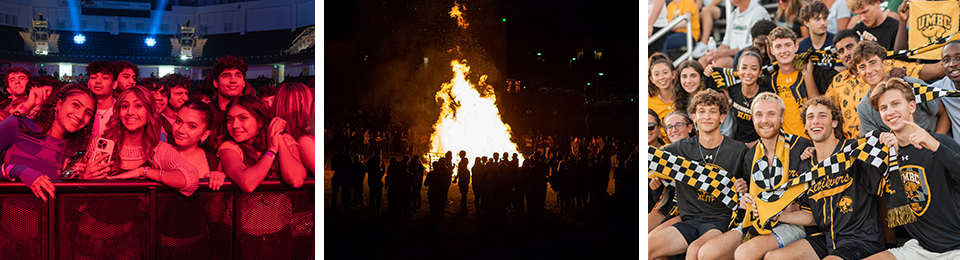 Collage of students watching a concert in pink light, middle a large bonfire with silhouettes of people, third a crowd of people in black and gold attire showing off their soccer scarfs at a game